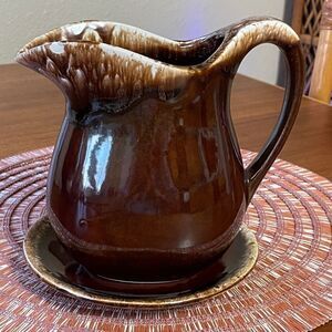 Vintage Discontinued Hull Pottery Pitcher And Saucer Brown Drip Glaze